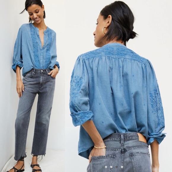 Anthropologie Seen Worn Kept Embroidered Cotton Flare-Sleeve Blouse Blue Size 4 - Picture 6 of 15